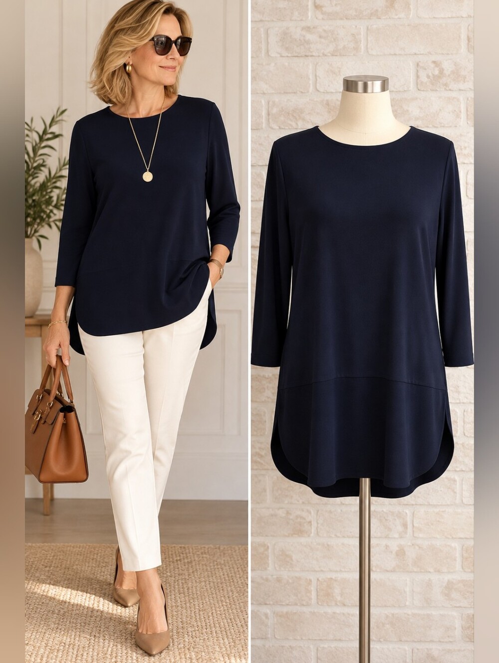 Ralph Lauren Navy Blue Tunic Top Size M Keyhole Hook Closure 3/4 Sleeve